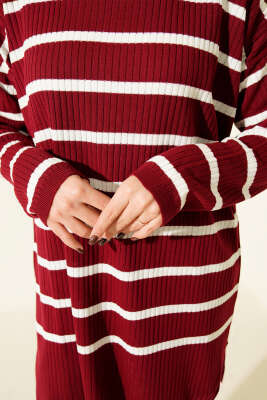 Fitilli Çizgili Salaş Triko Tunik Bordo - Tunik