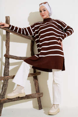 Fitilli Çizgili Salaş Triko Tunik Kahve - Triko Tunik