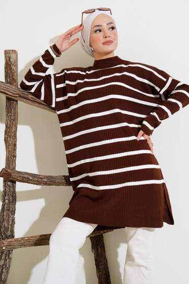 Fitilli Çizgili Salaş Triko Tunik Kahve - Triko Tunik