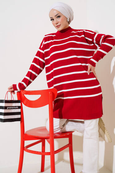 Fitilli Çizgili Salaş Triko Tunik Kırmızı - Triko Tunik