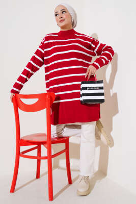 Fitilli Çizgili Salaş Triko Tunik Kırmızı - Triko Tunik