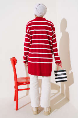 Fitilli Çizgili Salaş Triko Tunik Kırmızı - Triko Tunik