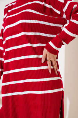 Fitilli Çizgili Salaş Triko Tunik Kırmızı - Triko Tunik