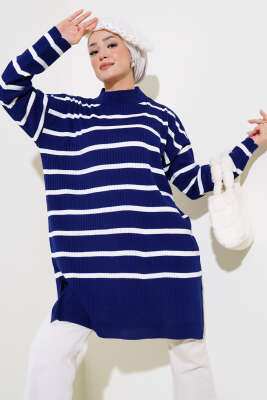 Fitilli Çizgili Salaş Triko Tunik Lacivert - Triko Tunik