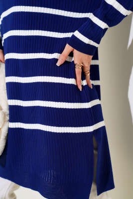Fitilli Çizgili Salaş Triko Tunik Lacivert - Triko Tunik