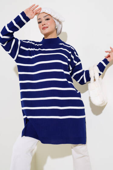 Fitilli Çizgili Salaş Triko Tunik Lacivert - Tunik