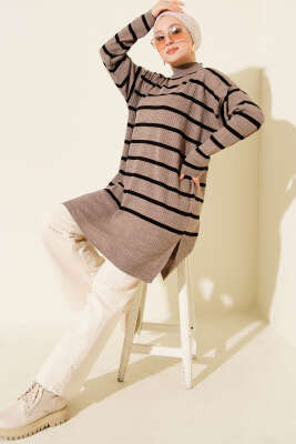 Fitilli Çizgili Salaş Triko Tunik Vizon - Triko Tunik
