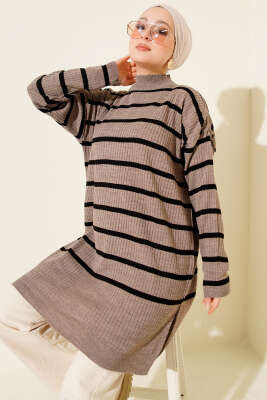 Fitilli Çizgili Salaş Triko Tunik Vizon - FİXAY