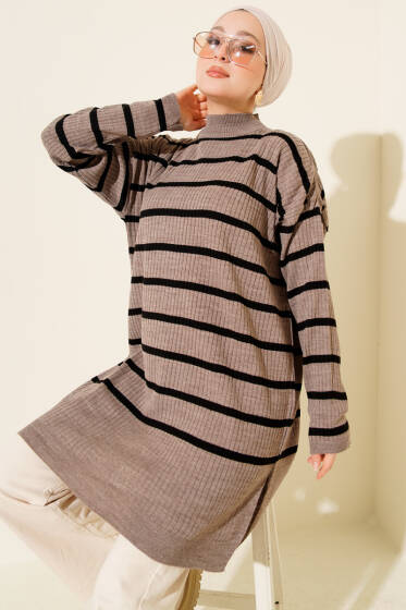 Fitilli Çizgili Salaş Triko Tunik Vizon - Tunik