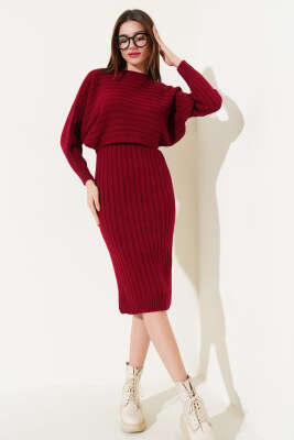 Fitilli Croplu Triko İkili Takım Bordo - Kadın Giyim Modelleri