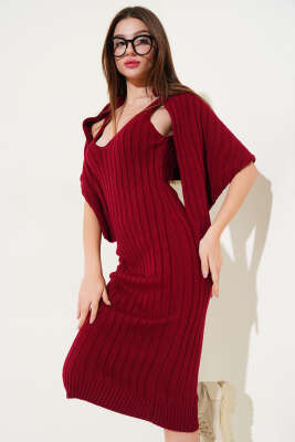 Fitilli Croplu Triko İkili Takım Bordo - Kadın Giyim Modelleri