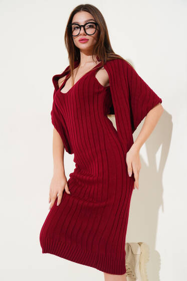 Fitilli Croplu Triko İkili Takım Bordo - Kadın Giyim Modelleri