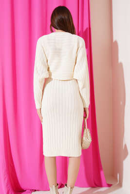 Fitilli Croplu Triko İkili Takım Ekru - Kadın Giyim Modelleri