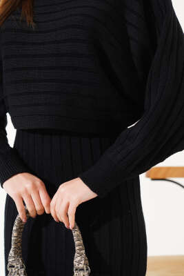 Fitilli Croplu Triko İkili Takım Siyah - Kadın Giyim Modelleri