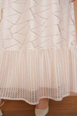 Fitilli Dantel Detaylı Kuşaklı Elbise Bej - Thumbnail