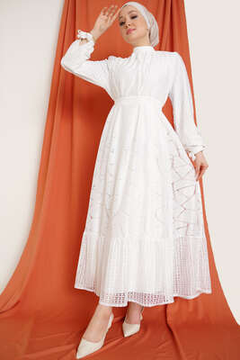 Fitilli Dantel Detaylı Kuşaklı Elbise Beyaz - Thumbnail