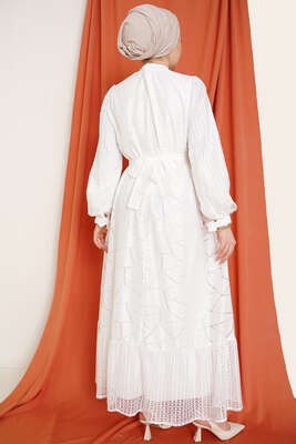 Fitilli Dantel Detaylı Kuşaklı Elbise Beyaz - Thumbnail