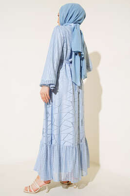 Fitilli Dantel Detaylı Kuşaklı Elbise Mavi - Thumbnail
