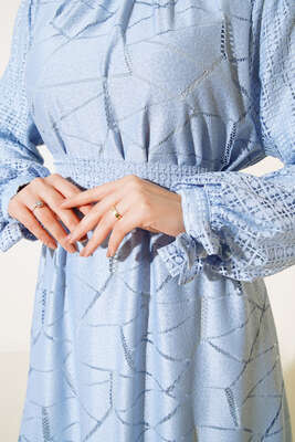 Fitilli Dantel Detaylı Kuşaklı Elbise Mavi - Thumbnail