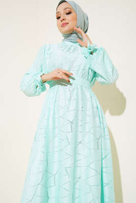 Fitilli Dantel Detaylı Kuşaklı Elbise Mint Yeşil - Thumbnail