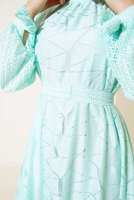 Fitilli Dantel Detaylı Kuşaklı Elbise Mint Yeşil - Thumbnail