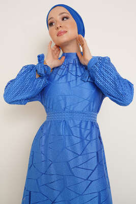 Fitilli Dantel Detaylı Kuşaklı Elbise Saks - Thumbnail