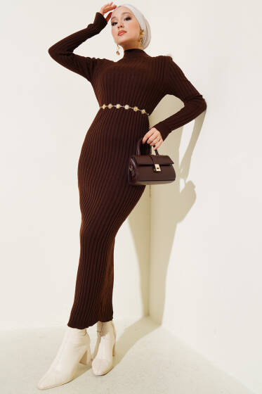 Fitilli Dik Yaka Triko Elbise Kahve - Triko Elbise
