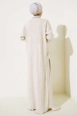 Fitilli Dik Yaka Uzun Tunik Triko İkili Takım Bej - Triko İkili Takım