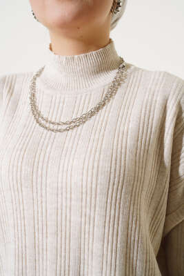 Fitilli Dik Yaka Uzun Tunik Triko İkili Takım Bej - Triko İkili Takım