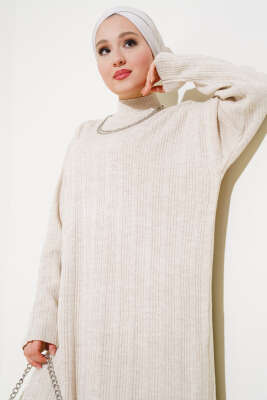 Fitilli Dik Yaka Uzun Tunik Triko İkili Takım Bej - Triko İkili Takım