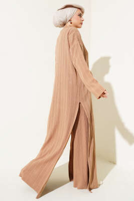 Fitilli Dik Yaka Uzun Tunik Triko İkili Takım Bisküvi - Triko İkili Takım