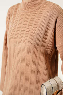 Fitilli Dik Yaka Uzun Tunik Triko İkili Takım Bisküvi - Triko İkili Takım