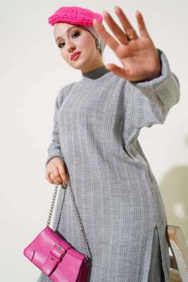 Fitilli Dik Yaka Uzun Tunik Triko İkili Takım Gri - Triko İkili Takım