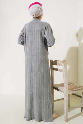 Fitilli Dik Yaka Uzun Tunik Triko İkili Takım Gri - Triko İkili Takım