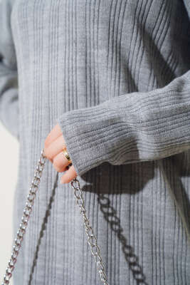 Fitilli Dik Yaka Uzun Tunik Triko İkili Takım Gri - Triko İkili Takım