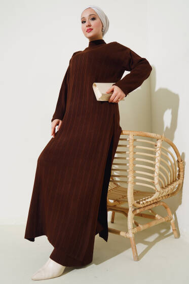 Fitilli Dik Yaka Uzun Tunik Triko İkili Takım Kahve - İkili Takım