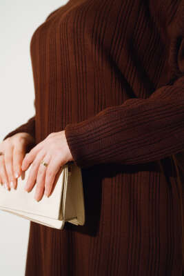 Fitilli Dik Yaka Uzun Tunik Triko İkili Takım Kahve - Triko İkili Takım