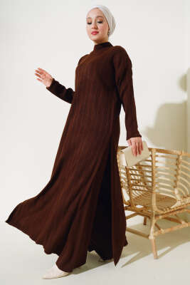 Fitilli Dik Yaka Uzun Tunik Triko İkili Takım Kahve - Triko İkili Takım