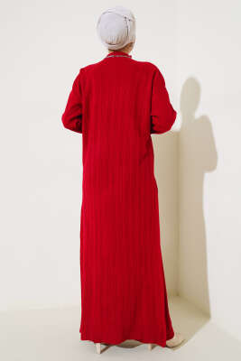 Fitilli Dik Yaka Uzun Tunik Triko İkili Takım Kırmızı - Triko İkili Takım