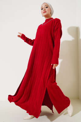 Fitilli Dik Yaka Uzun Tunik Triko İkili Takım Kırmızı 