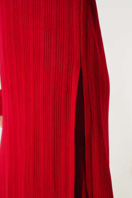 Fitilli Dik Yaka Uzun Tunik Triko İkili Takım Kırmızı - Triko İkili Takım