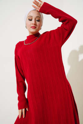 Fitilli Dik Yaka Uzun Tunik Triko İkili Takım Kırmızı - Triko İkili Takım