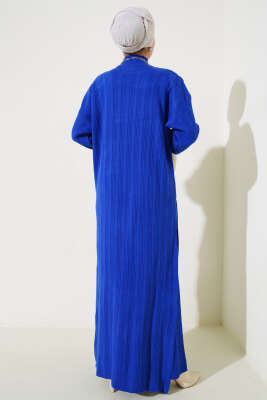 Fitilli Dik Yaka Uzun Tunik Triko İkili Takım Saks - Triko İkili Takım