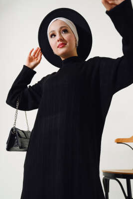 Fitilli Dik Yaka Uzun Tunik Triko İkili Takım Siyah - Triko İkili Takım