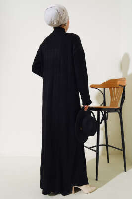 Fitilli Dik Yaka Uzun Tunik Triko İkili Takım Siyah - Triko İkili Takım