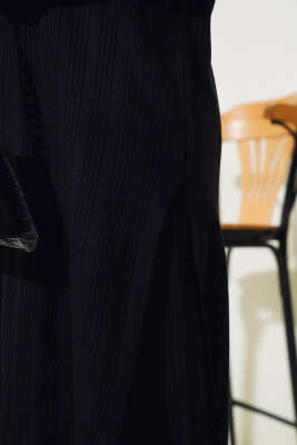 Fitilli Dik Yaka Uzun Tunik Triko İkili Takım Siyah - Triko İkili Takım