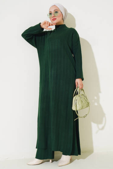 Fitilli Dik Yaka Uzun Tunik Triko İkili Takım Zümrüt - İkili Takım