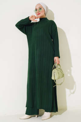 Fitilli Dik Yaka Uzun Tunik Triko İkili Takım Zümrüt - Triko İkili Takım