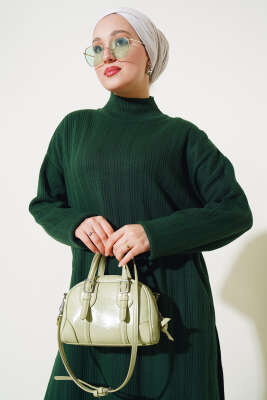 Fitilli Dik Yaka Uzun Tunik Triko İkili Takım Zümrüt - Triko İkili Takım