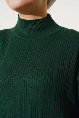 Fitilli Dik Yaka Uzun Tunik Triko İkili Takım Zümrüt - Triko İkili Takım